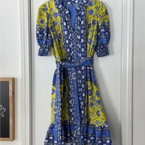 Elie Tahari Yellow and Blue Floral Tiered Midi Dress